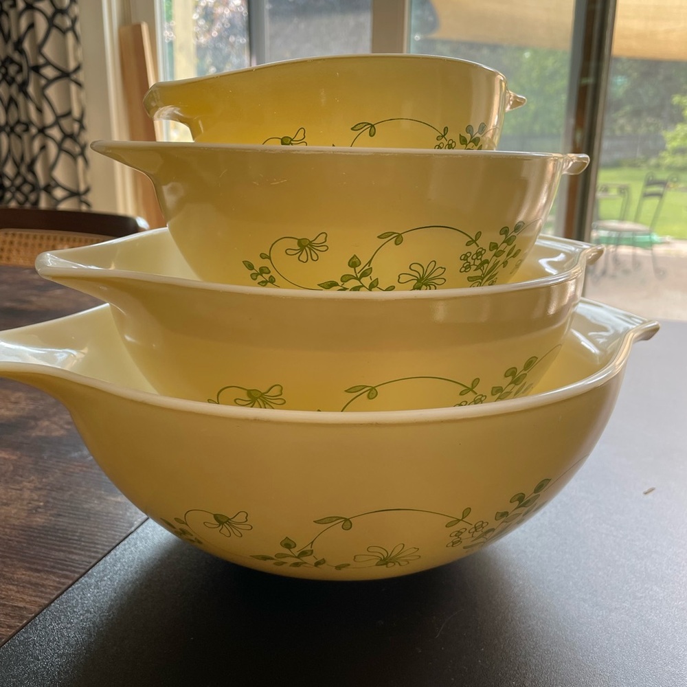 Pyrex Yellow Mixing Bowls with Green Floral Design